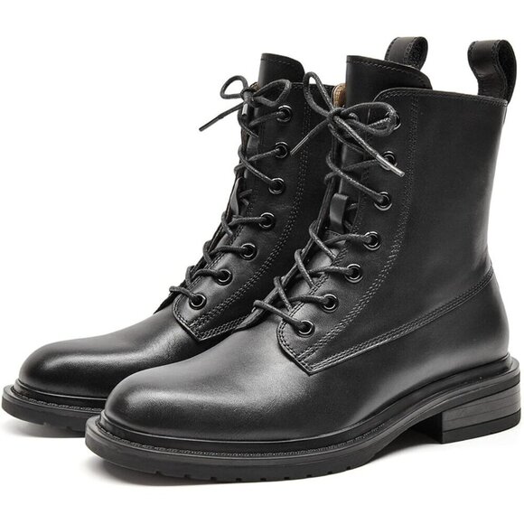 Women's Combat Boots Black Leather Side Zipper Booties For Women - Picture 3 of 6